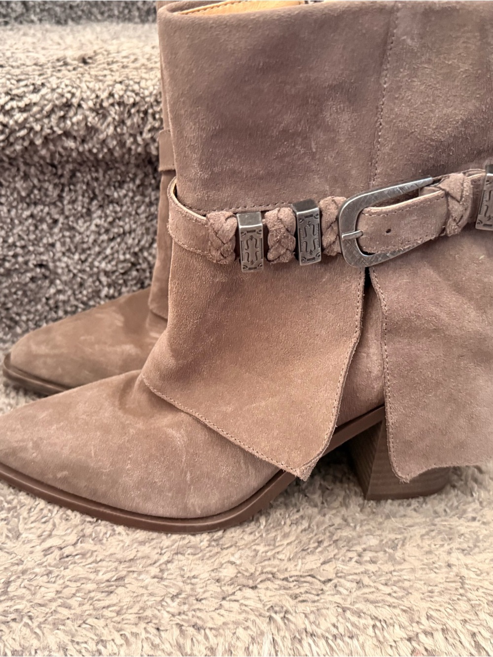 ICON Taupe Suede Pointed Toe Ankle Boots with Braided Buckle Strap